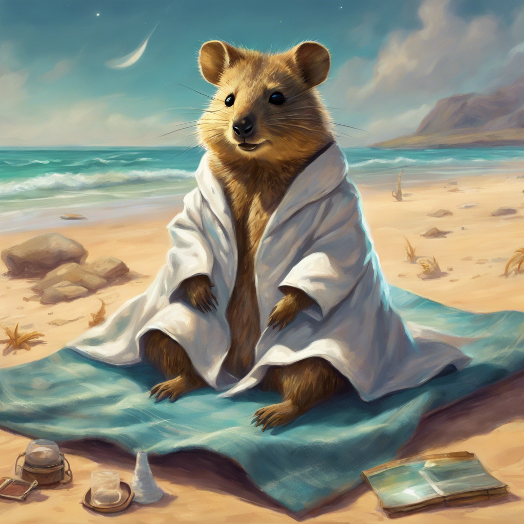 A quokka with a lab coat, sitting on a towel on a sunny beach.