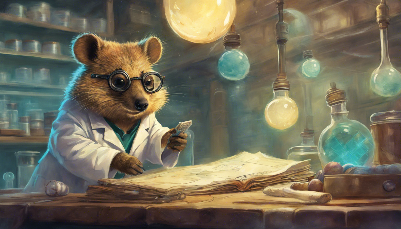 A quokka with a lab coat, sitting by a workbench waring safety goggles.