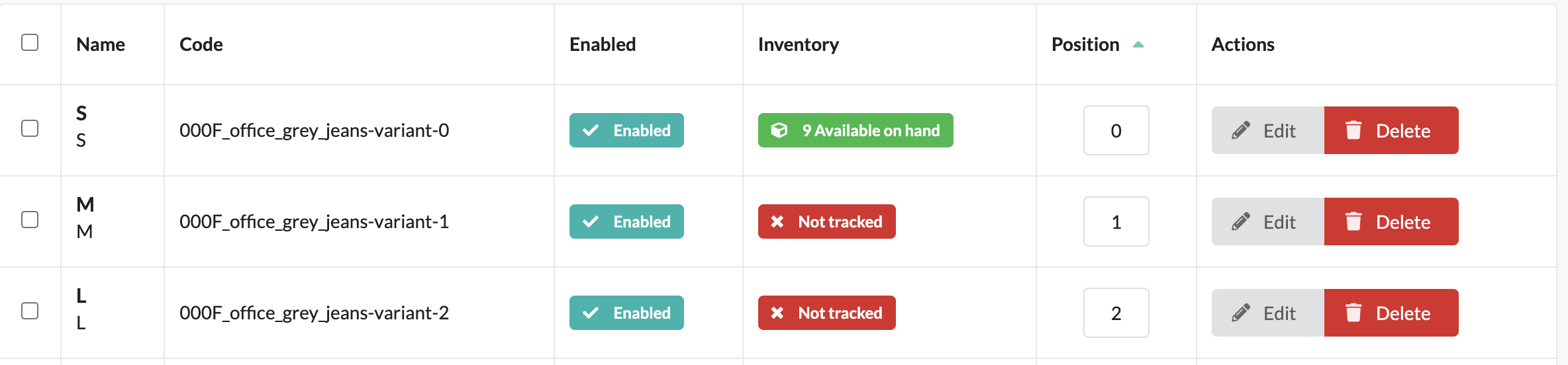 An admin view for a product variant where Inventory is selected. It shows 9 items in current stock. "Tracked" is switched off.