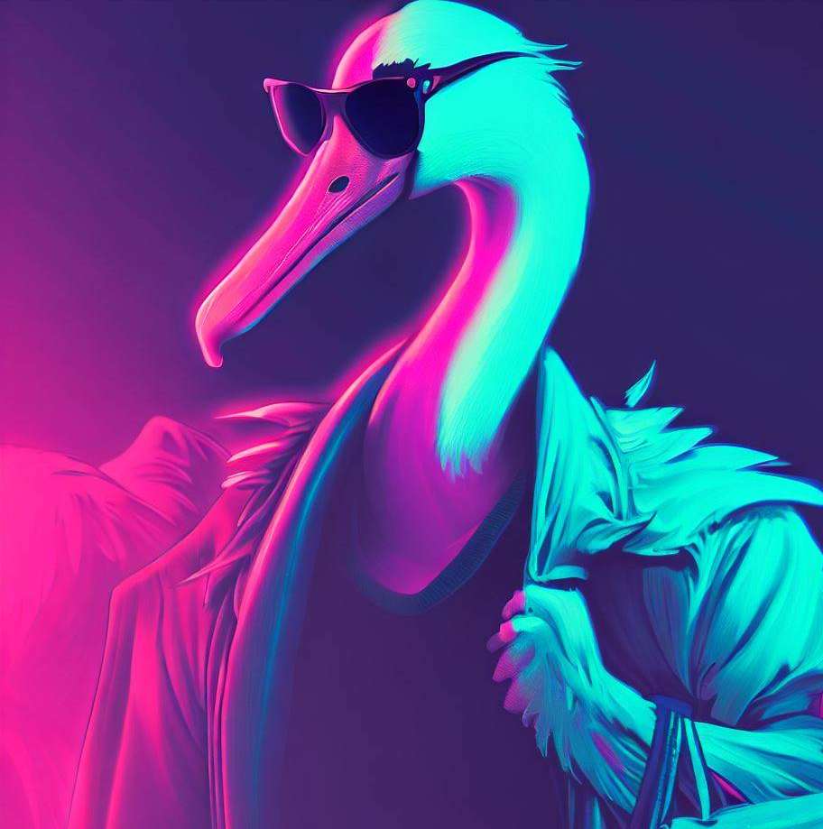 A swan with sun glasses holding a shopping bag