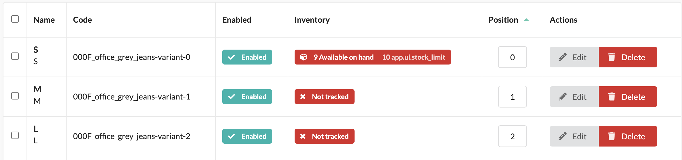 An admin view for a list of product variants. It shows Inventory column with 9 available on hand, and 10 "app.ui.stock_limit". It is coloured red to indicate that it is unavailable.