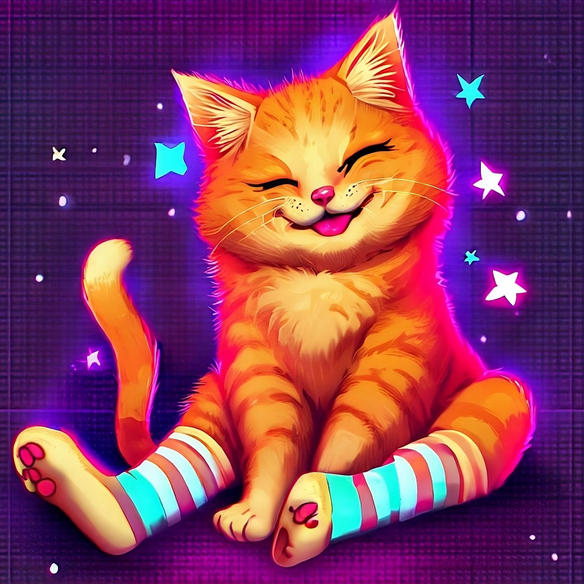 A kitten rendered in synthwave style with socks on its hindlegs. Smiling while sitting. The background is dark with stars.