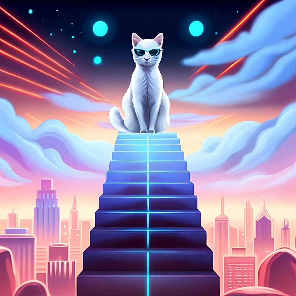 A white cat with sunglasses on sitting on top of a stair going towards the sky above a cityscape