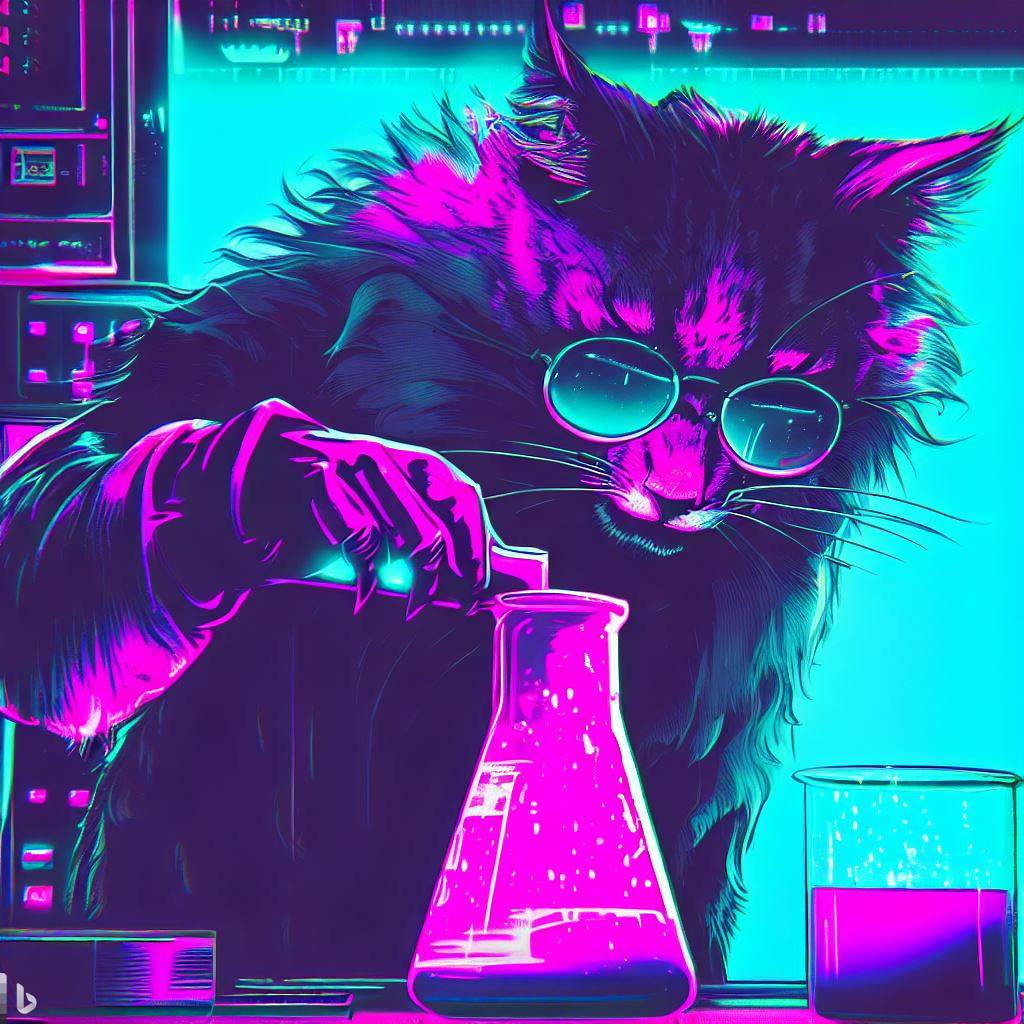 A cat in a lab coat is pouring a liquid out of a beaker.