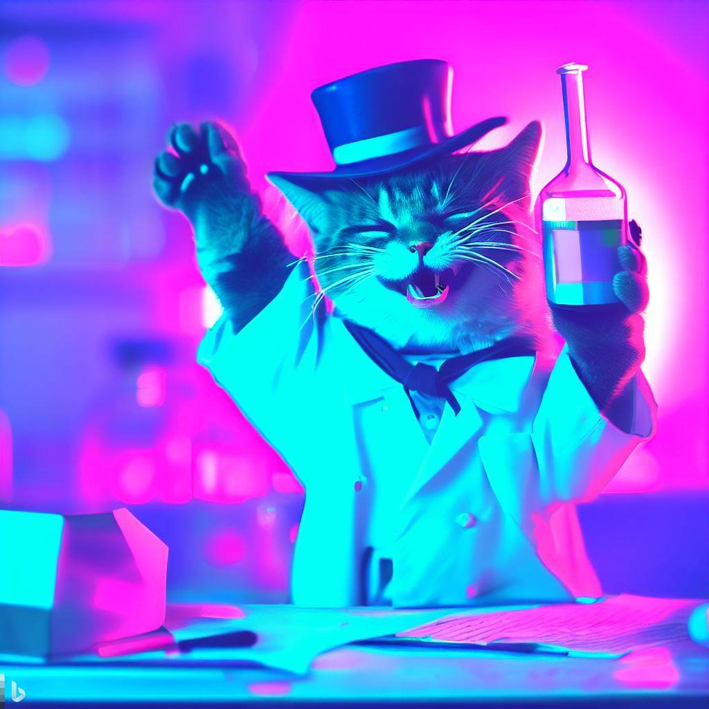 A happy cat in a top hat on top of a table holding up a vile with liquid in it. The cat, despite doing this, looks professional.
